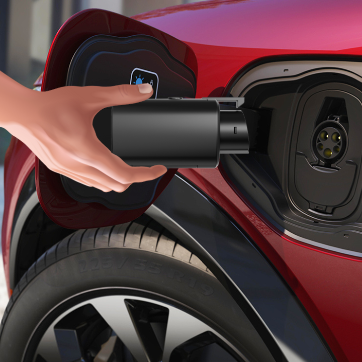 A2Z Stellar Pro NACS to J1772 AC adapter, being plugged into a vehicle charge port