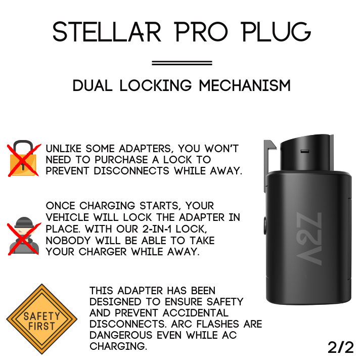 A2Z Stellar Pro NACS to J1772 AC adapter, locking safety info graphic