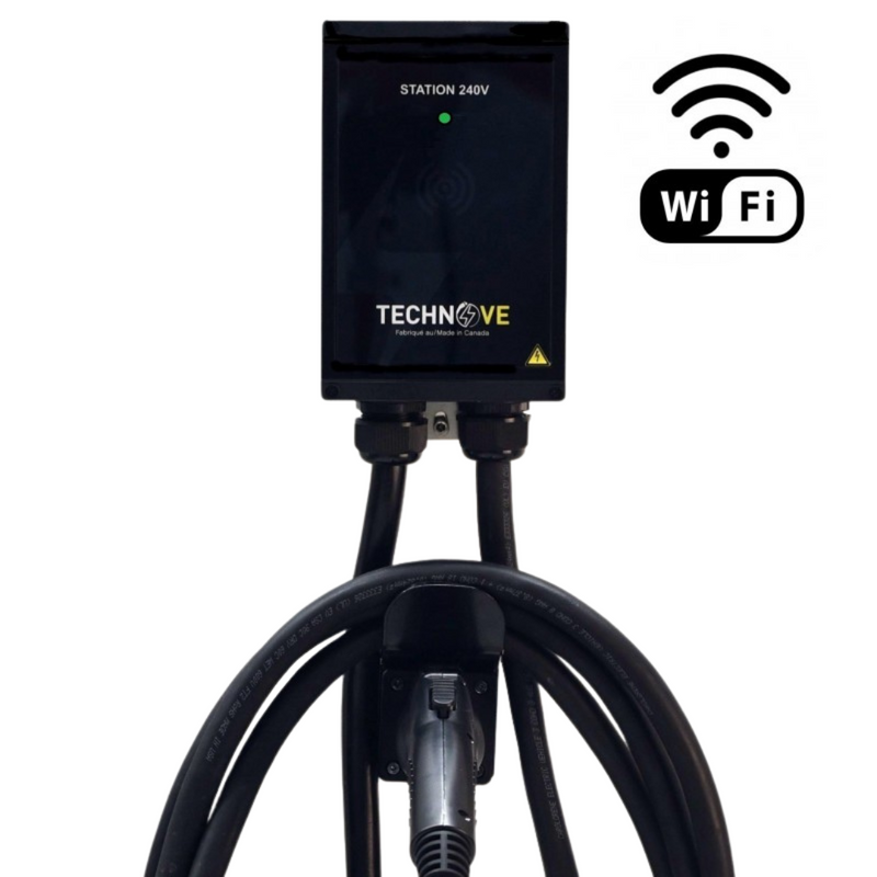 TechnoVE 48A hardwired J1772 EV charging station, wall unit with Wi-Fi icon, front view