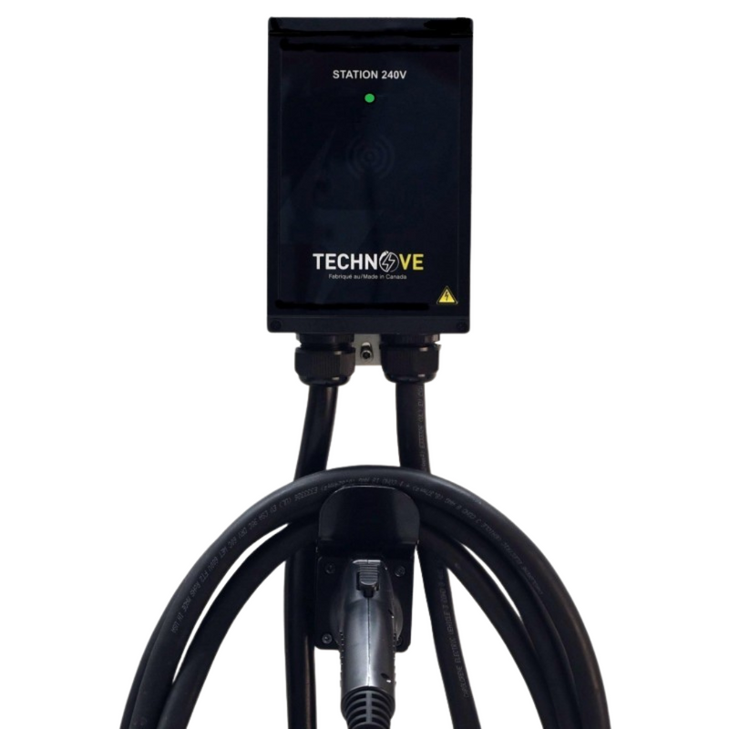 TechnoVE 40A J1772 EV charging station, wall unit with coiled cable, front view
