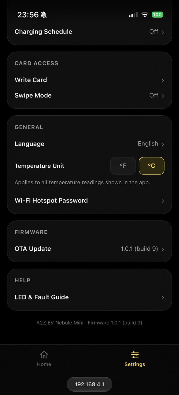 Settings screen with language, temperature unit and firmware options